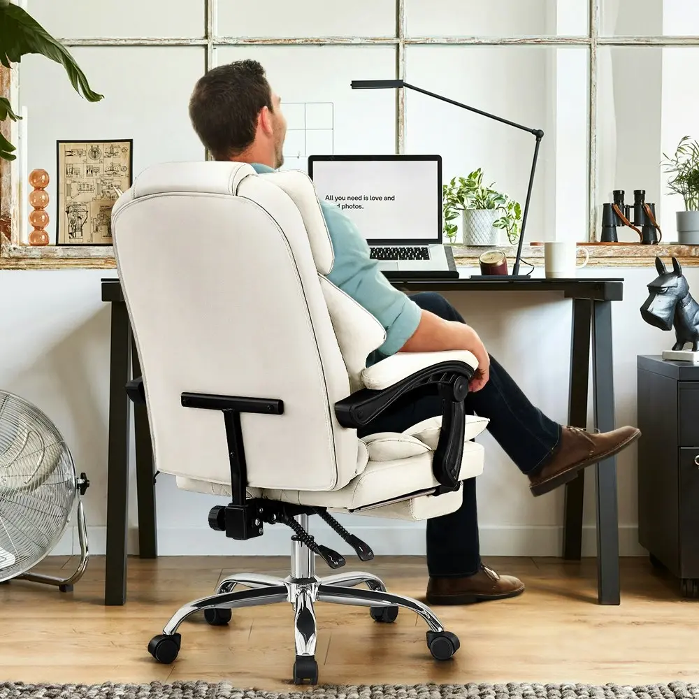 Furb Executive Office Chair PU Leather Thick Back Padded Support with Footrest White