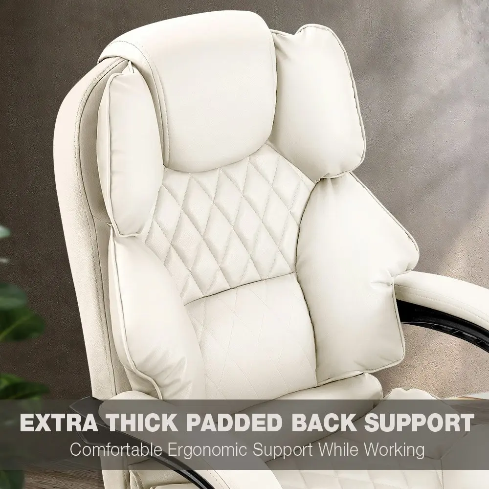 Furb Executive Office Chair PU Leather Thick Back Padded Support with Footrest White