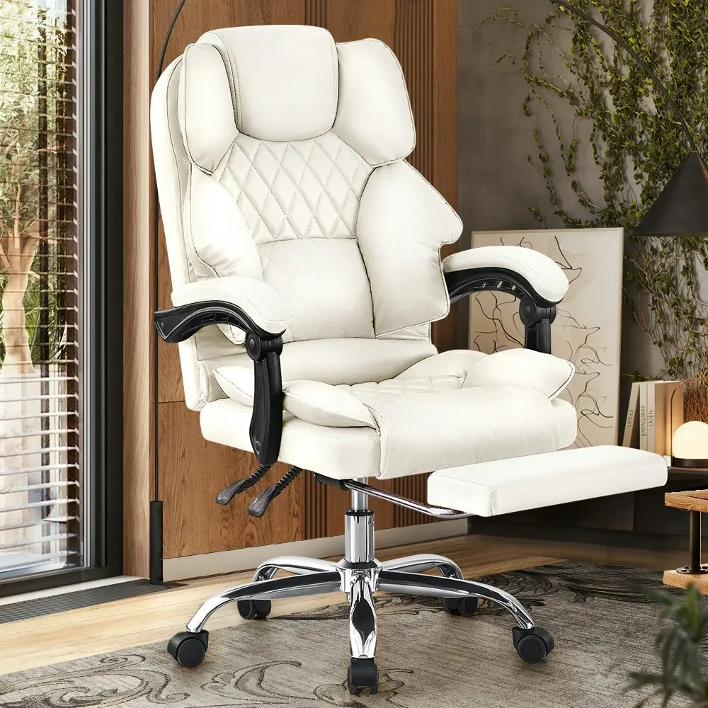 Furb Executive Office Chair PU Leather Thick Back Padded Support with Footrest White