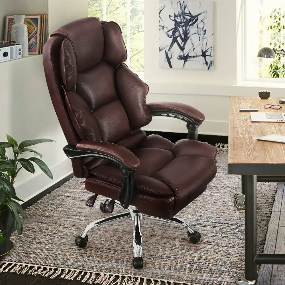 Furb Executive Office Chair PU Leather Thick Back Support Padded Seat Brown