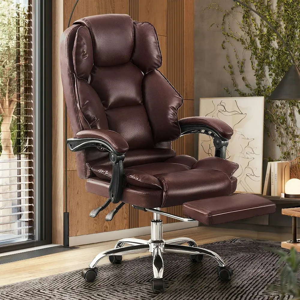 Furb Executive Office Chair PU Leather Thick Back Support Padded Seat Brown