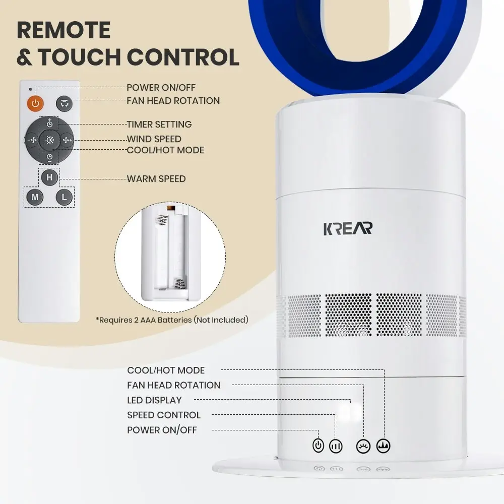 Krear Bladeless Tower Fan 2 IN 1 Oscillating Cooler & Heater Fans Remote Control