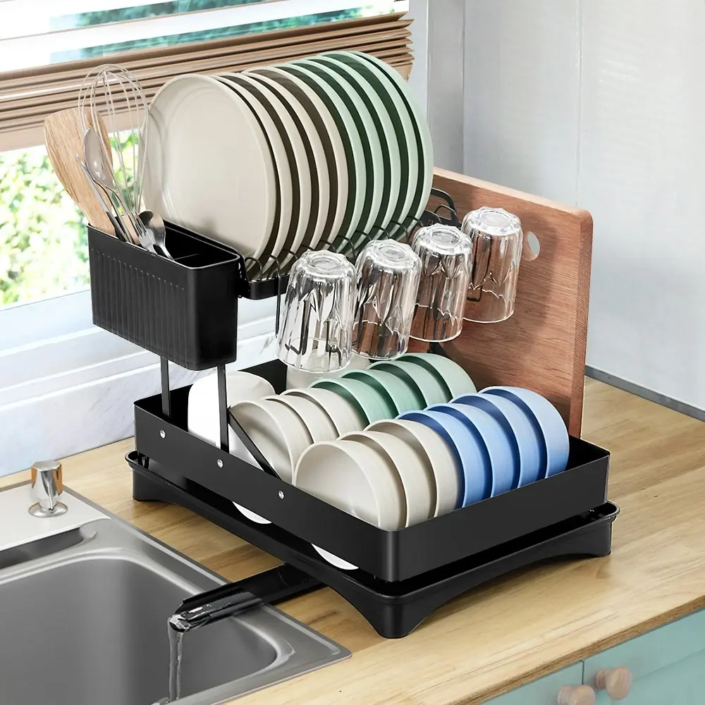 Simplus Dish Drainer Drying Rack with Cup Holder Kitchen Organiser Cutlery Tray