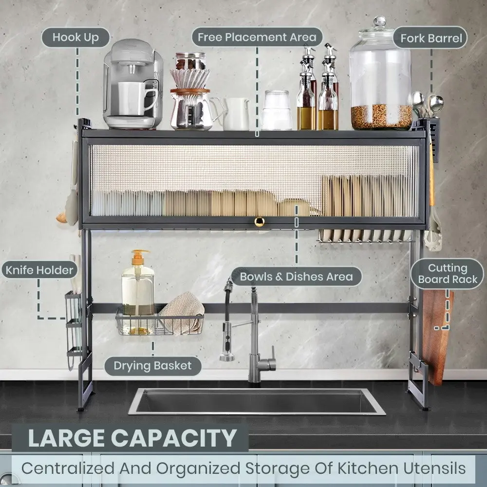 Simplus 85CM Dish Drying Rack Kitchen Holder Knife Storage Sink Organiser Grey