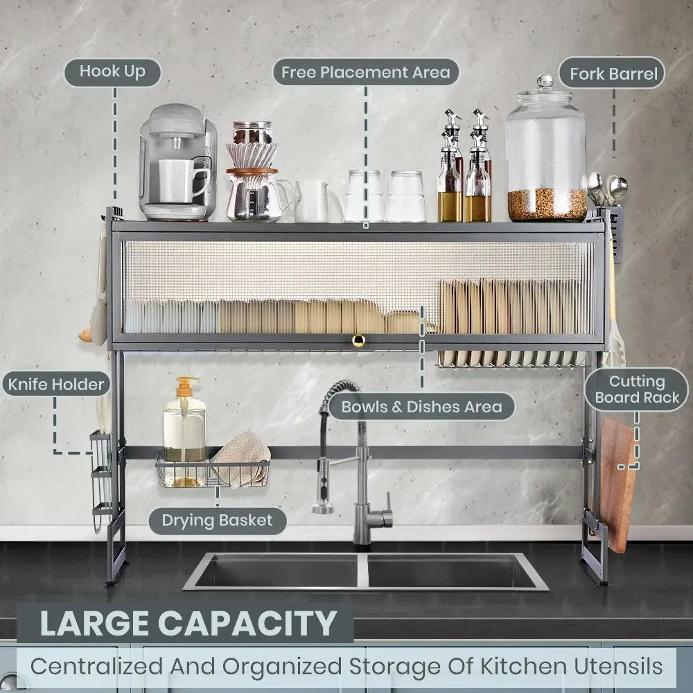 Simplus 105CM Dish Drying Rack Kitchen Holder Knife Storage Sink Organiser Grey