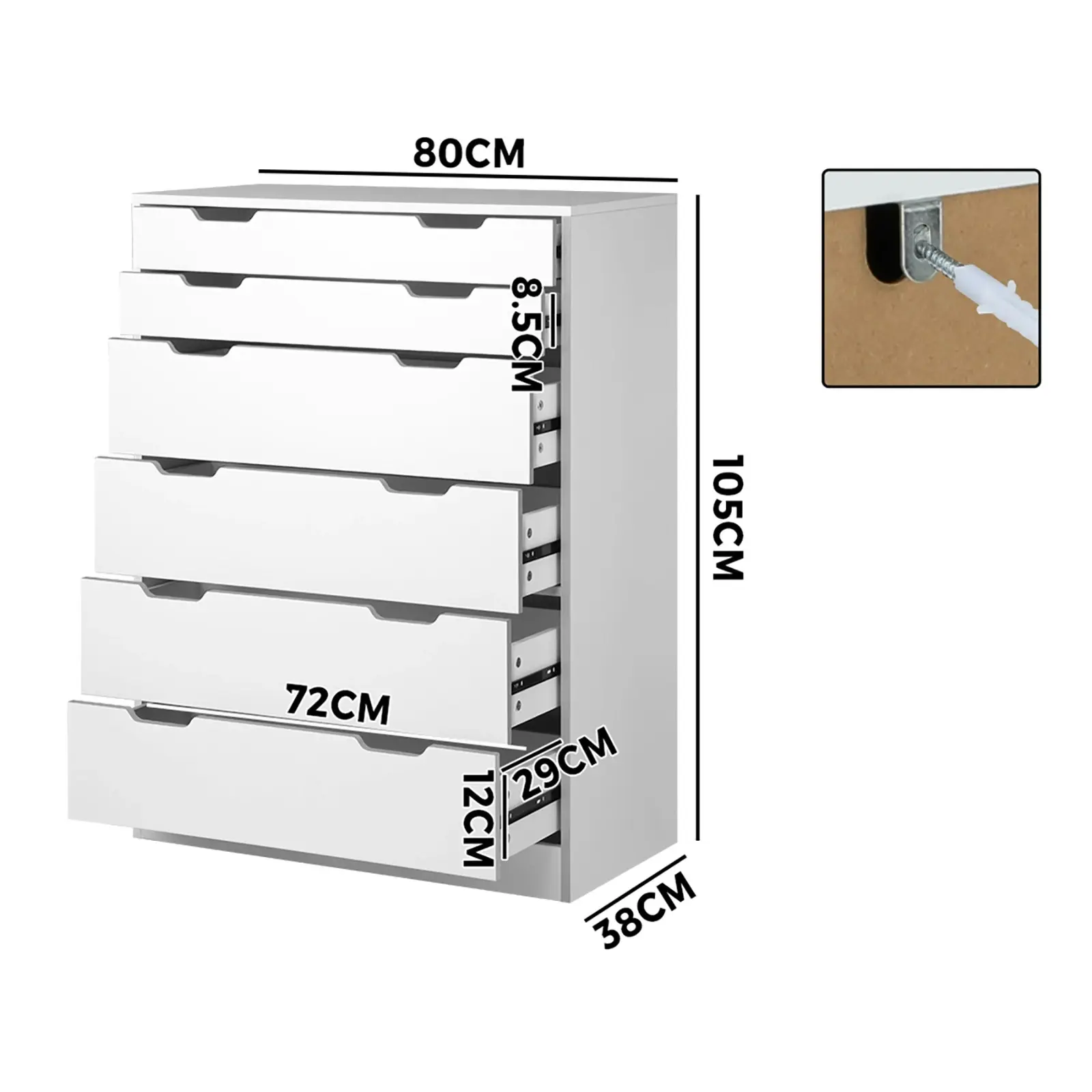 Oikiture 6 Chest of Drawers Tallboy White PMA