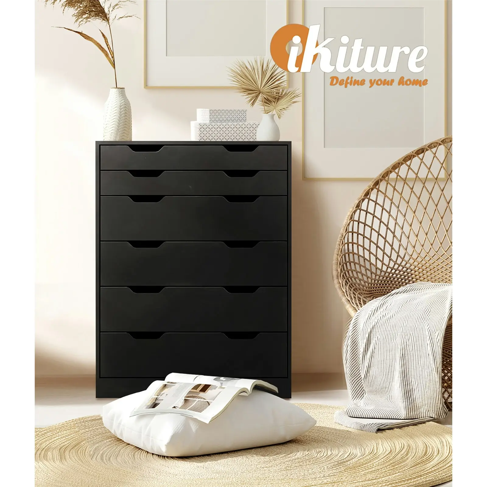 Oikiture 6 Chest of Drawers Tallboy Black PMA