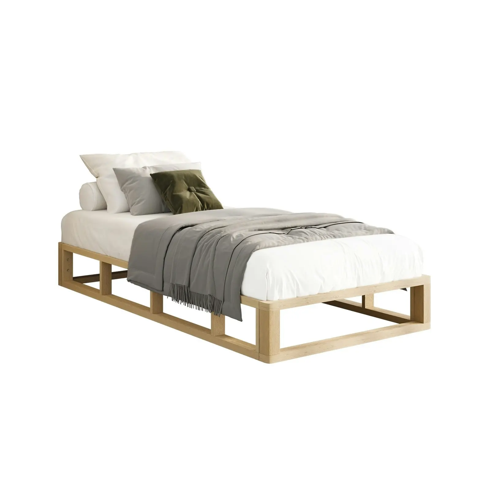 Oikiture Bed Frame Single Size Bed Base Wooden Platform Cage-like Base