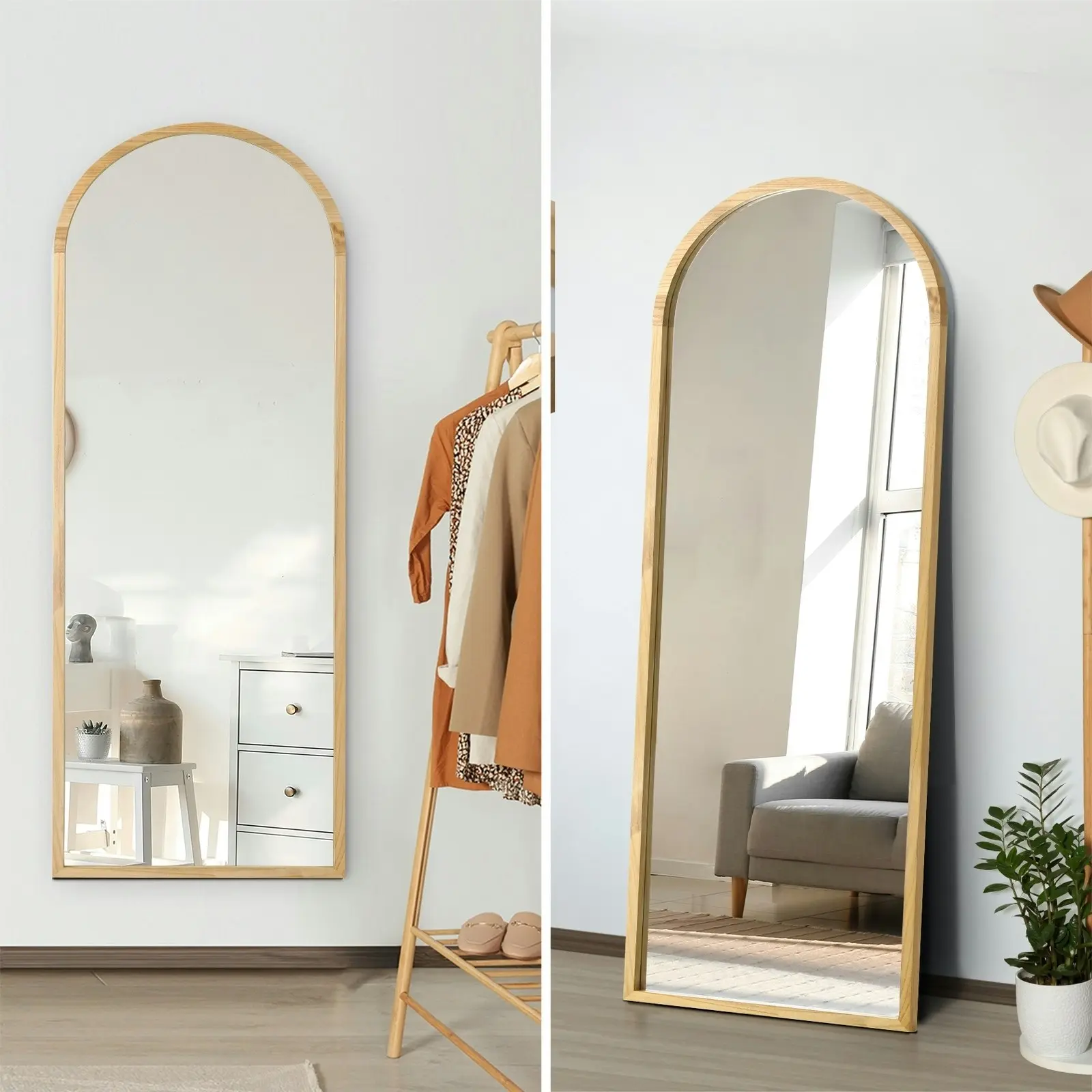 Oikiture 166x60cm Full Length Mirror Arched Dressing Floor Mirrors Wooden