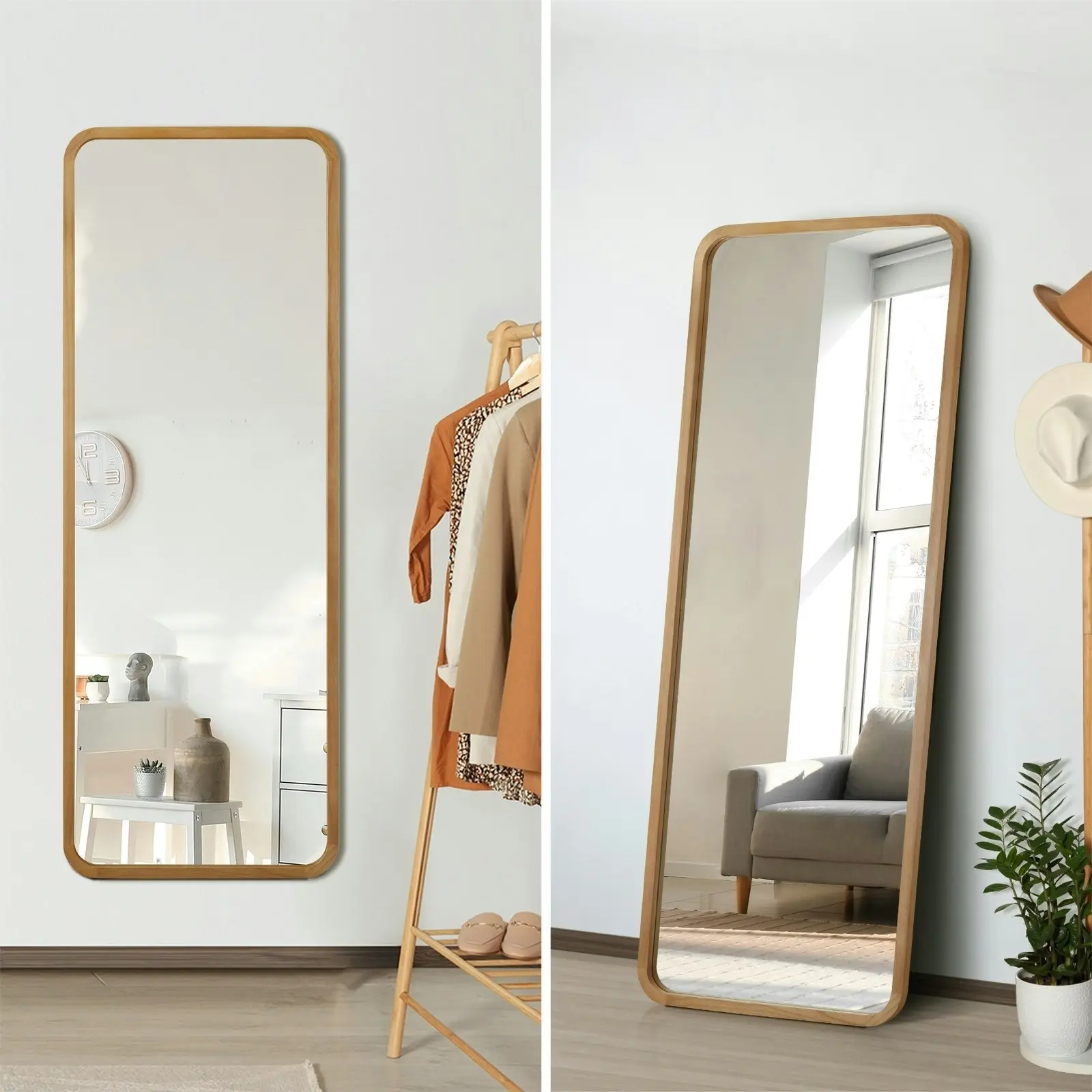 Oikiture 166x60cm Wooden Full Length Mirror Rectangle Dressing Floor Mirrors