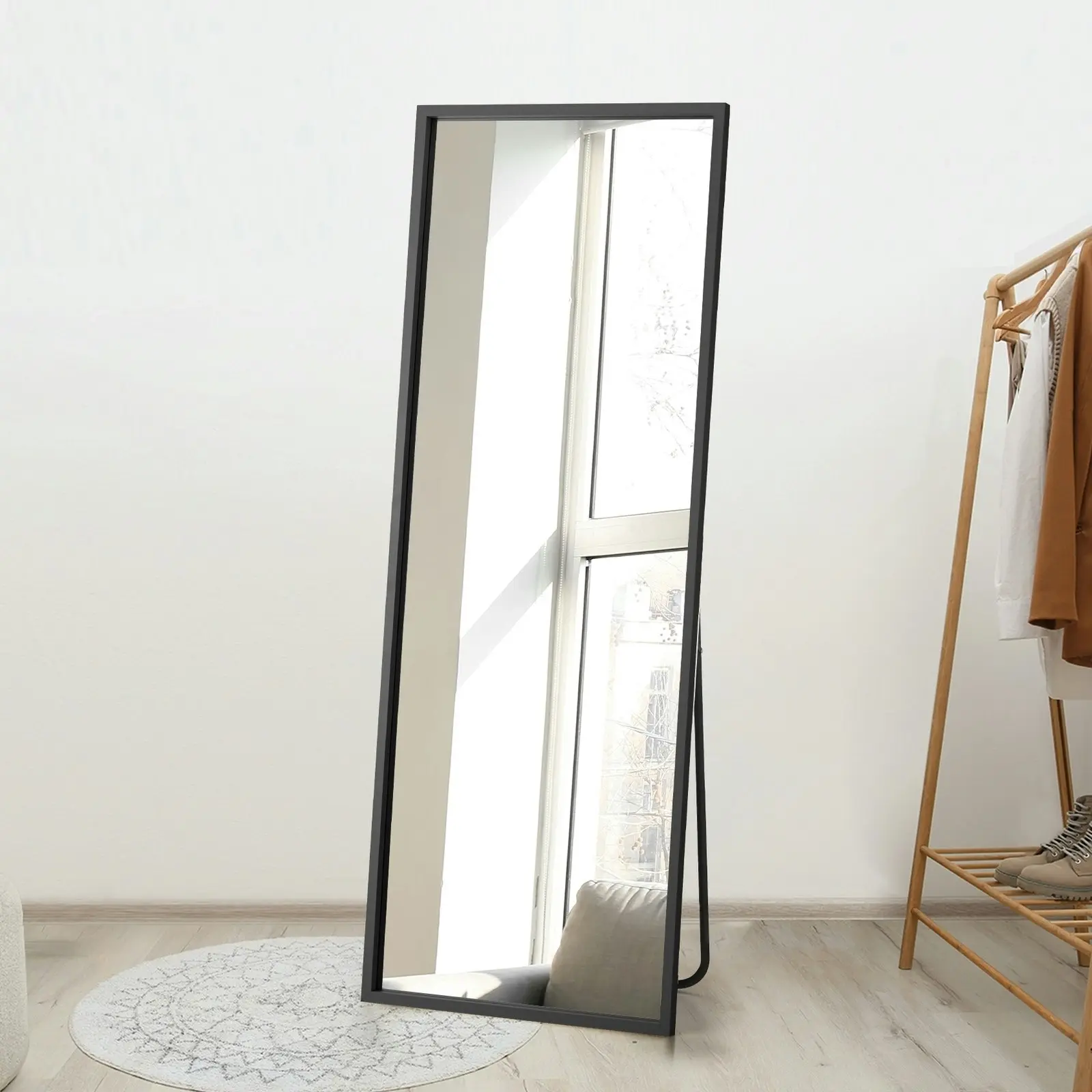 Oikiture Wooden 166x60cm Full Length Mirror Rectangle Floor Mirrors Free Standing Black