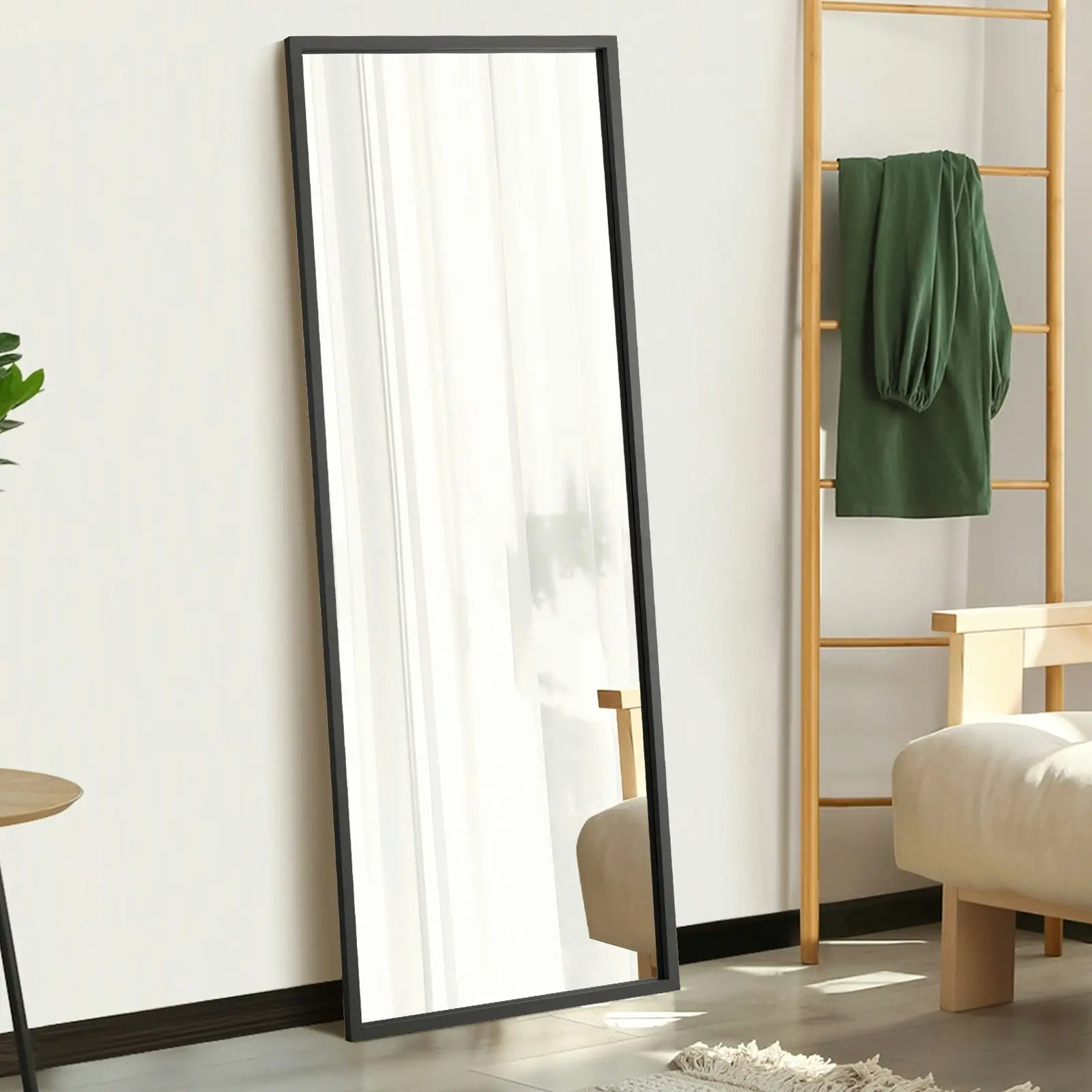 Oikiture Wooden 166x60cm Full Length Mirror Rectangle Floor Mirrors Free Standing Black