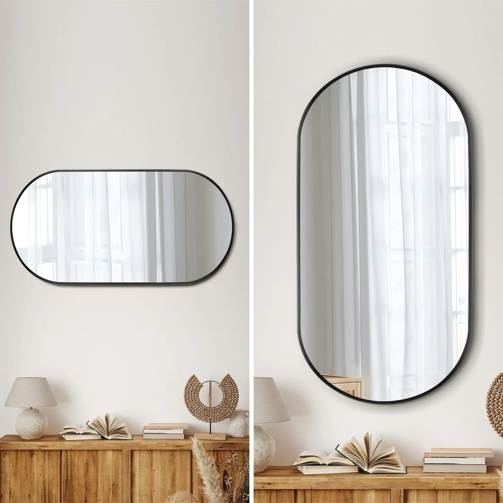 Oikiture Wall Mirrors Oval Makeup Mirror Home Decor Black 84x50cm