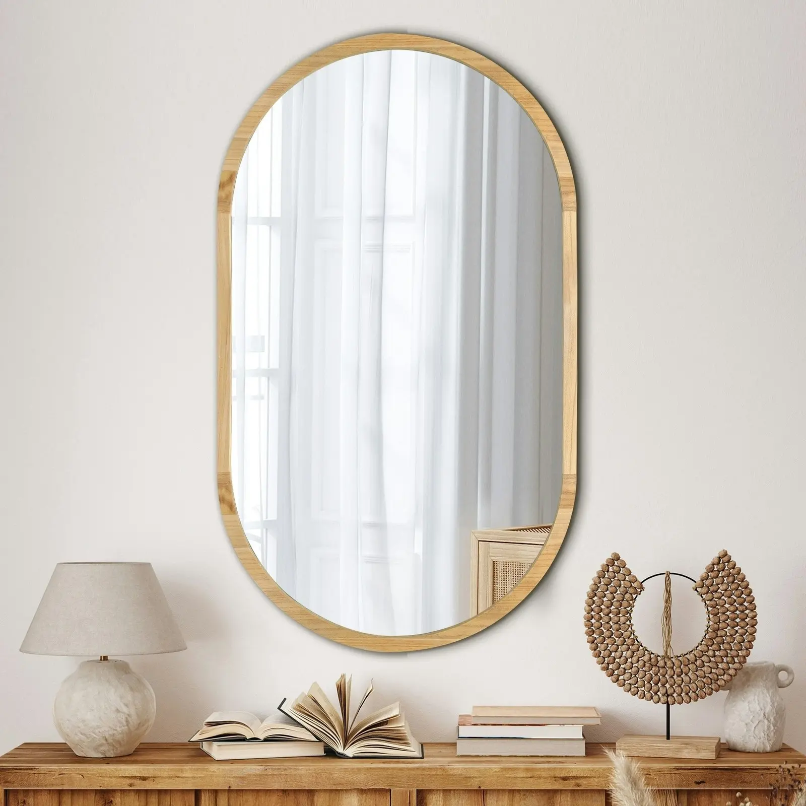 Oikiture Wall Mirrors Oval Makeup Mirror Home Decor Wooden 84x50cm