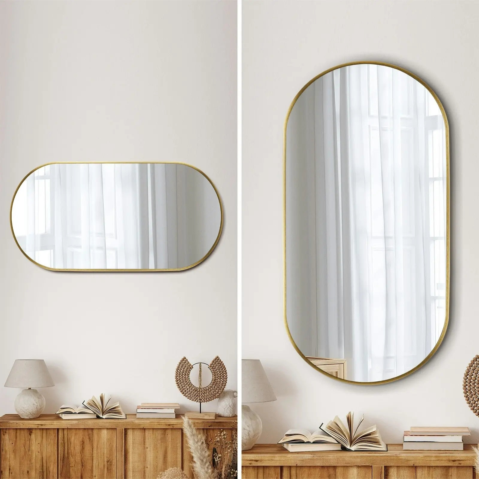 Oikiture Wall Mirrors Oval Makeup Mirror Home Decor Gold 84x50cm