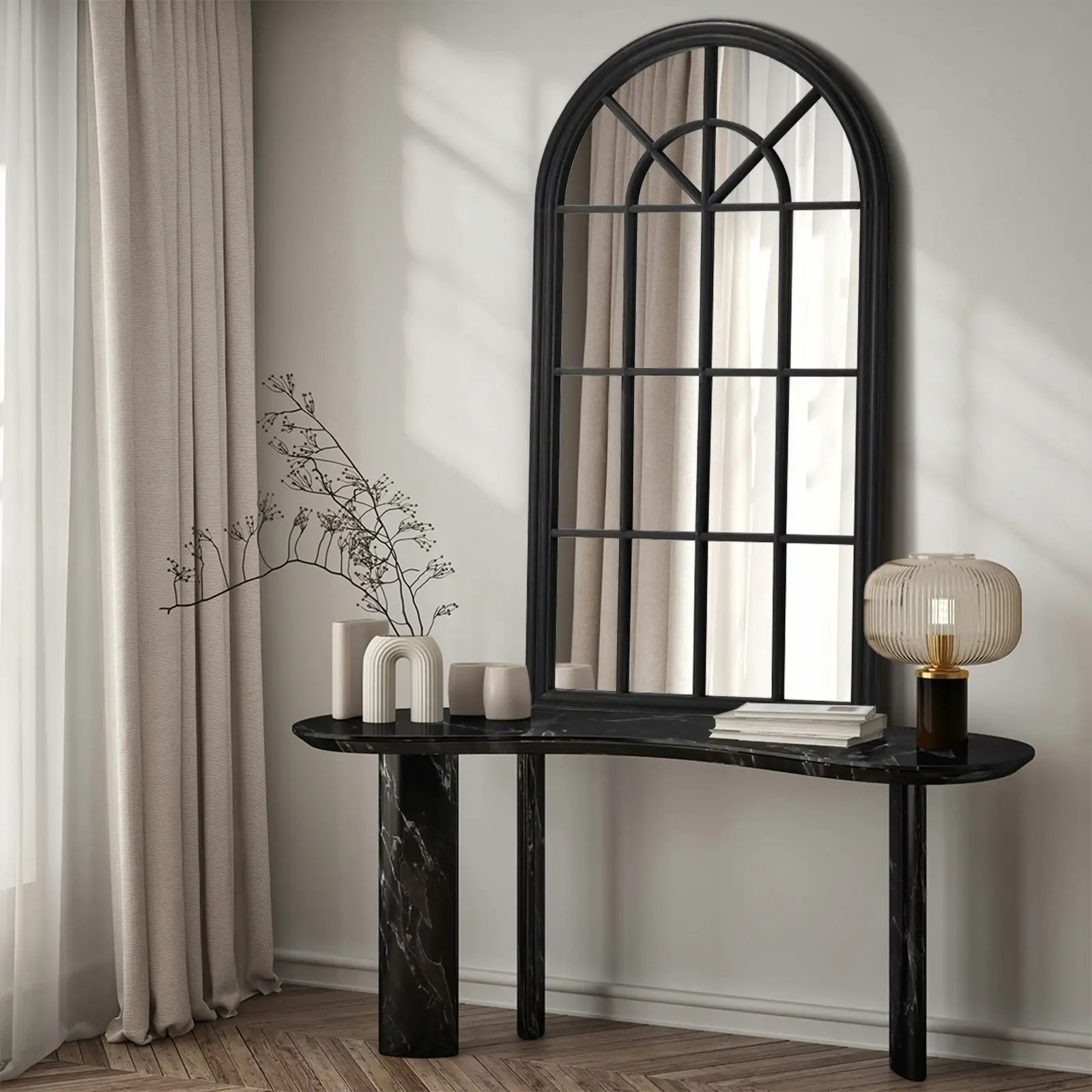 Oikiture Wooden Window Mirror Arched Wall Mirrors Decor 130x70cm Black