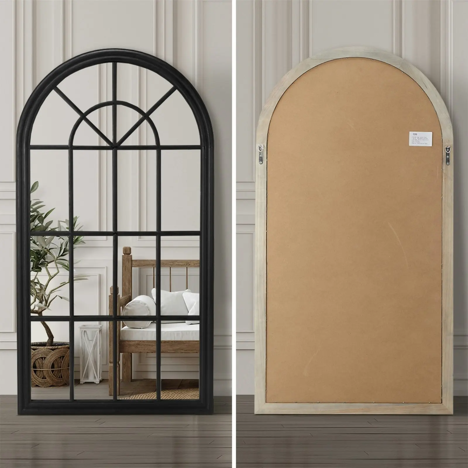 Oikiture Wooden Window Mirror Arched Wall Mirrors Decor 130x70cm Black