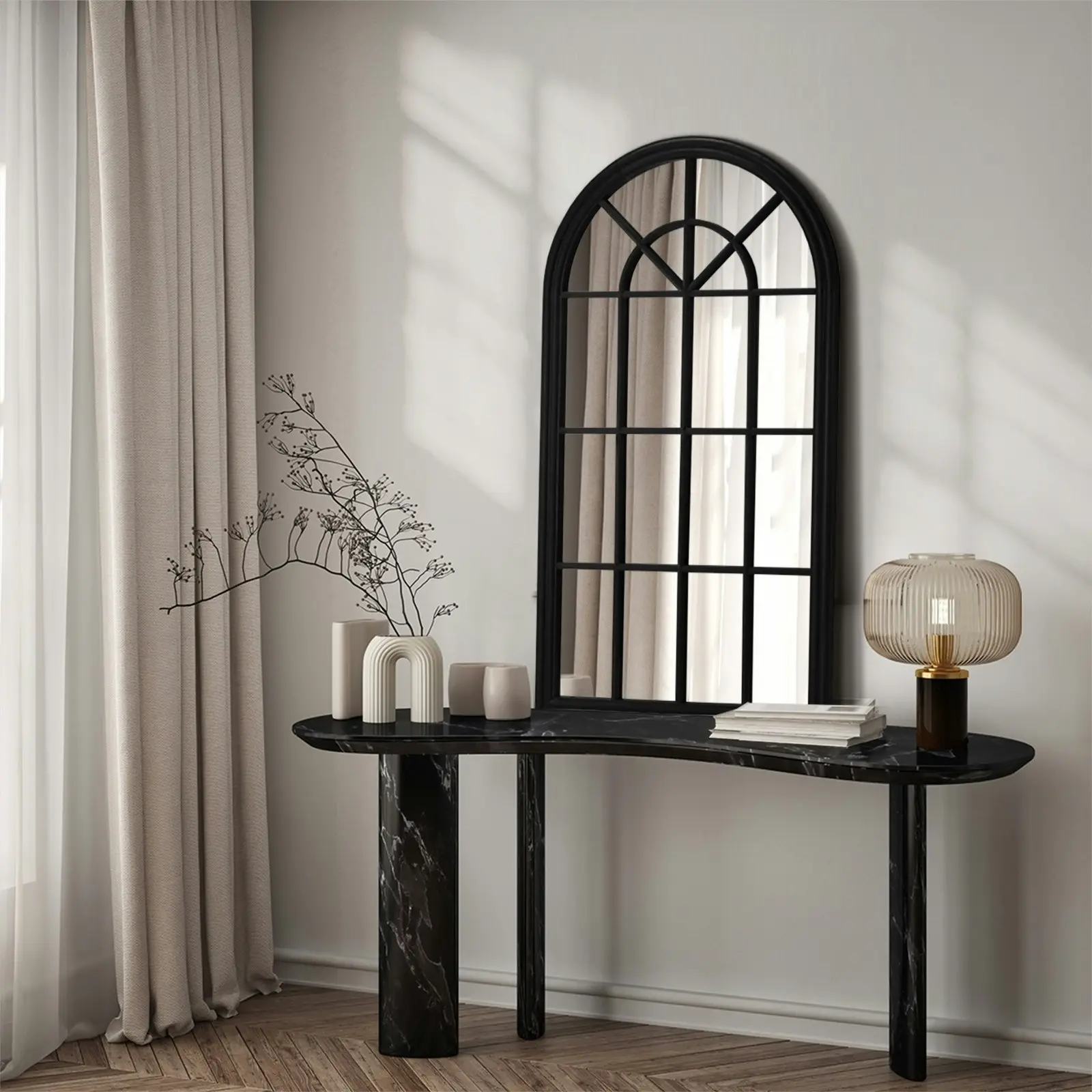 Oikiture Wooden Window Mirror Arched Wall Mirrors Decor 76x51cm Black