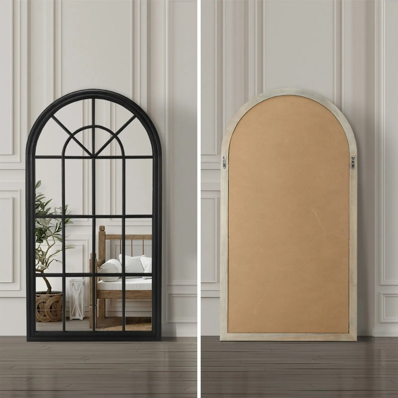 Oikiture Wooden Window Mirror Arched Wall Mirrors Decor 76x51cm Black