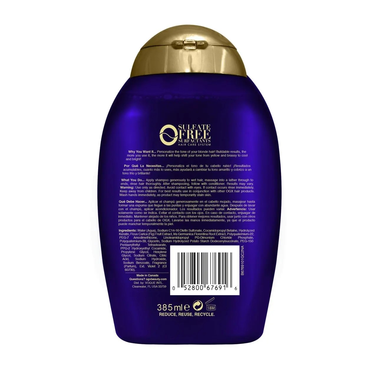 OGX Blonde Enhance + Purple Toning Shampoo For Blonde Coloured Hair 385mL