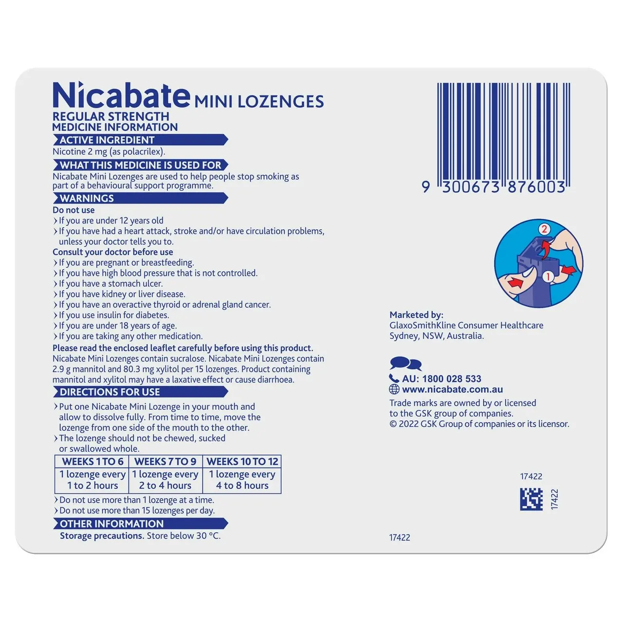 Nicabate Mini Lozenge Quit Smoking Nicotine 2 mg Regular Strength Mint 60 Pack