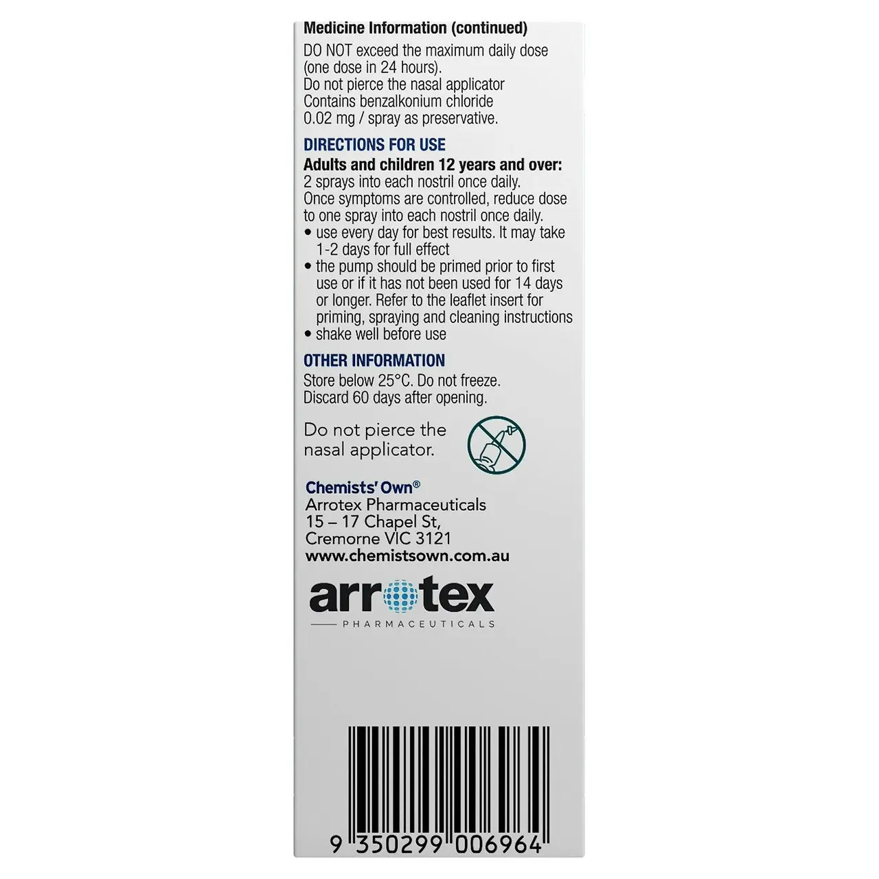 Chemists' Own Allergy Relief Nasal Spray 50mcg 140