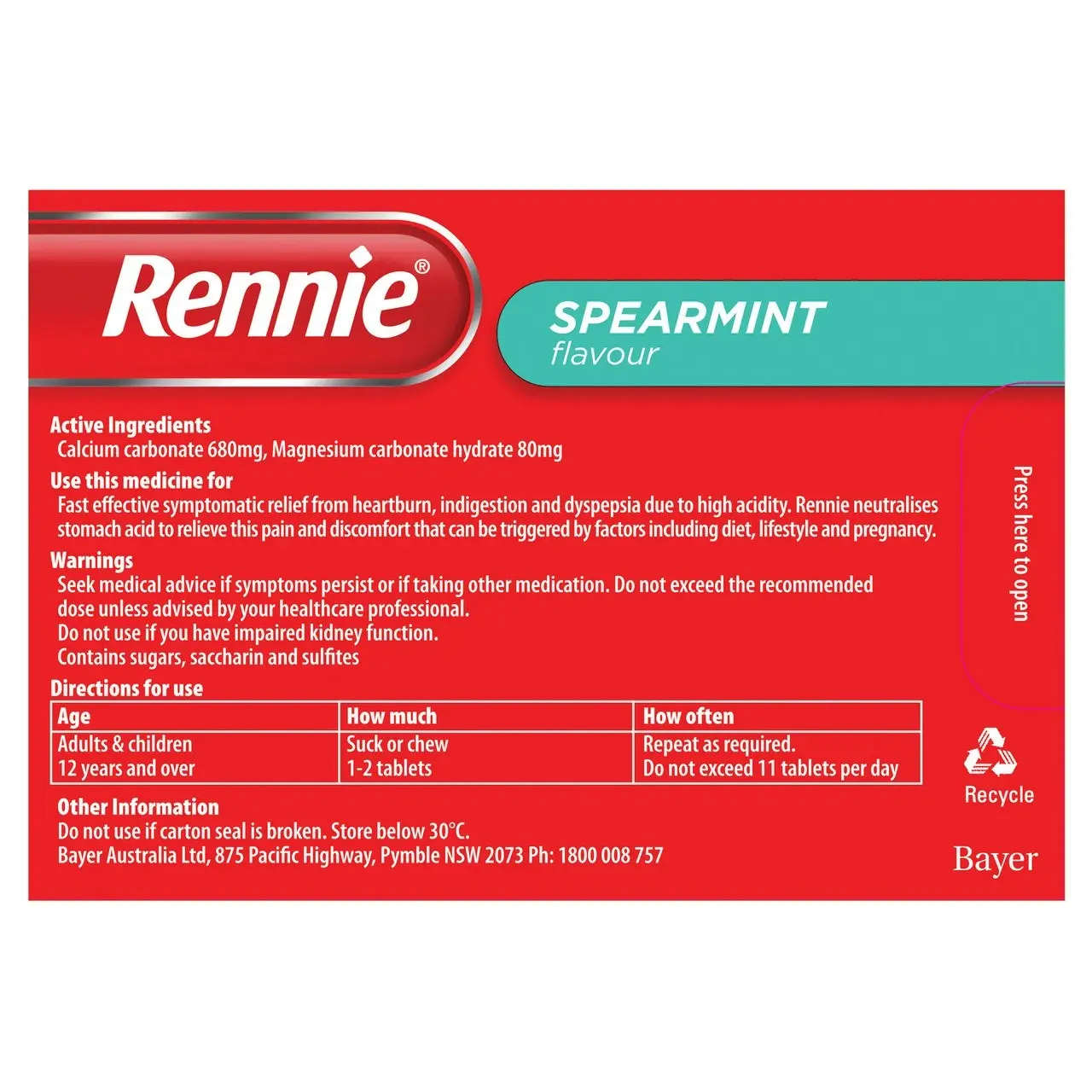 Rennie Indigestion and Heartburn Relief Spearmint 96 Chewable Tablets