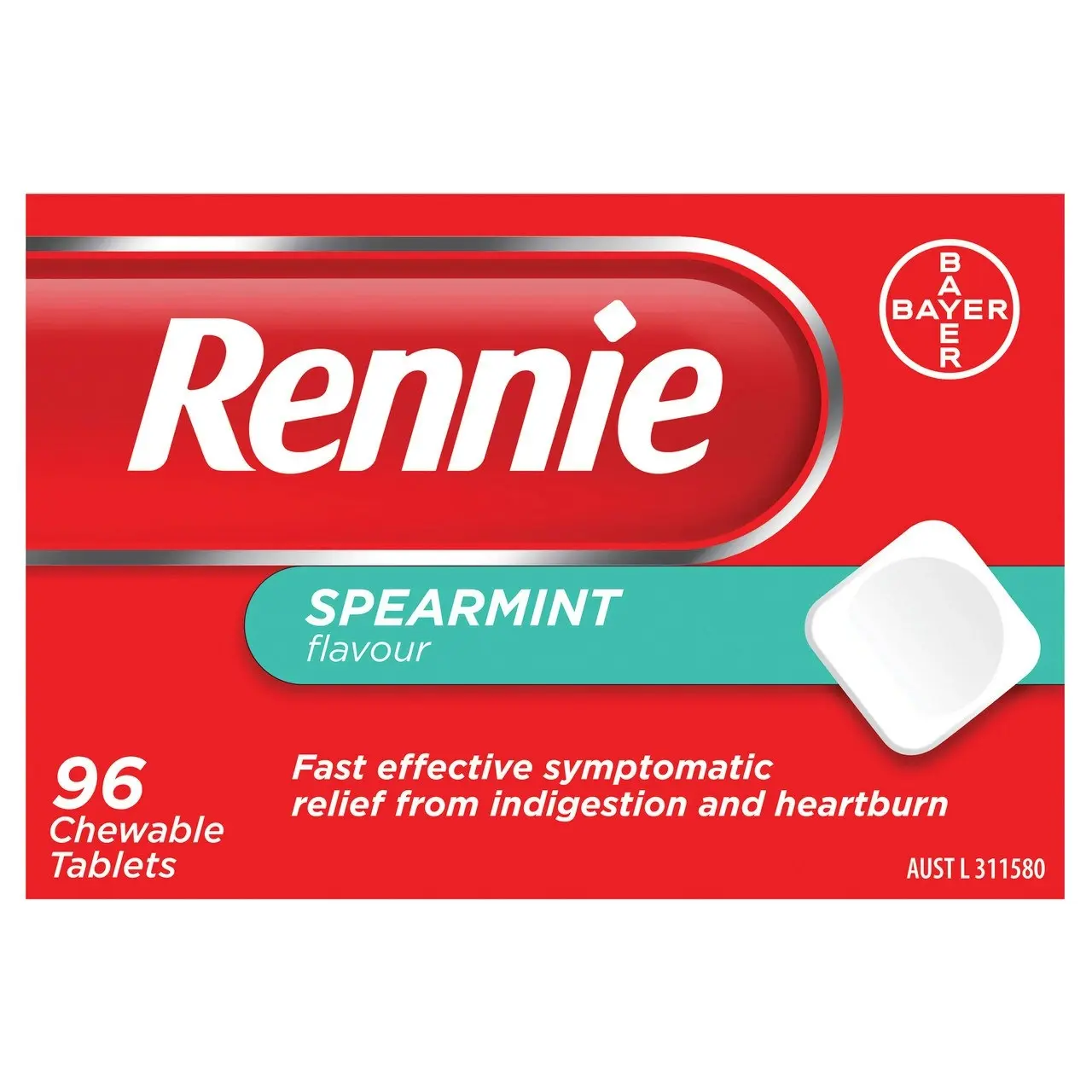 Rennie Indigestion and Heartburn Relief Spearmint 96 Chewable Tablets