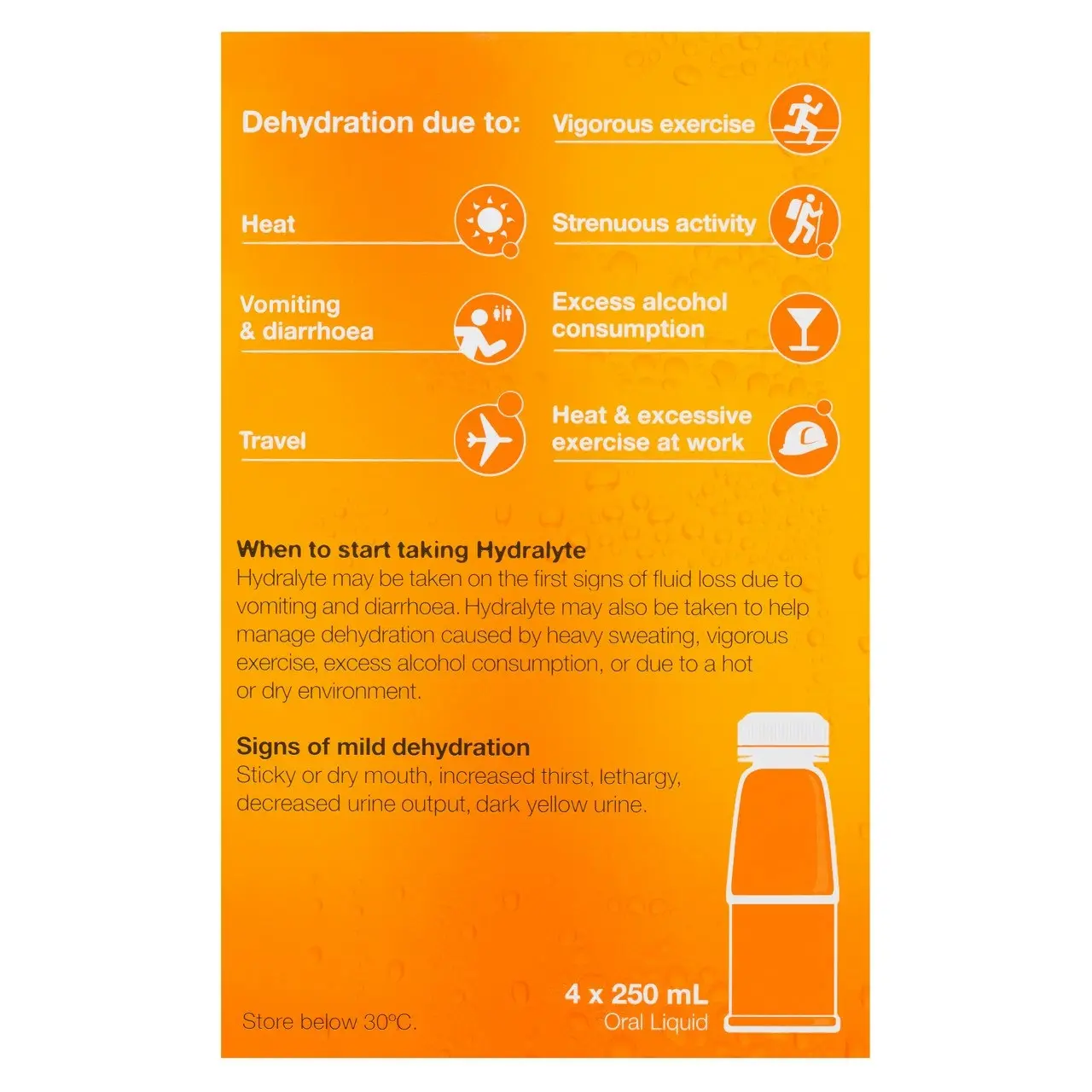 Hydralyte Ready To Use Orange Flavoured Electrolyte Solution 4 x 250ml