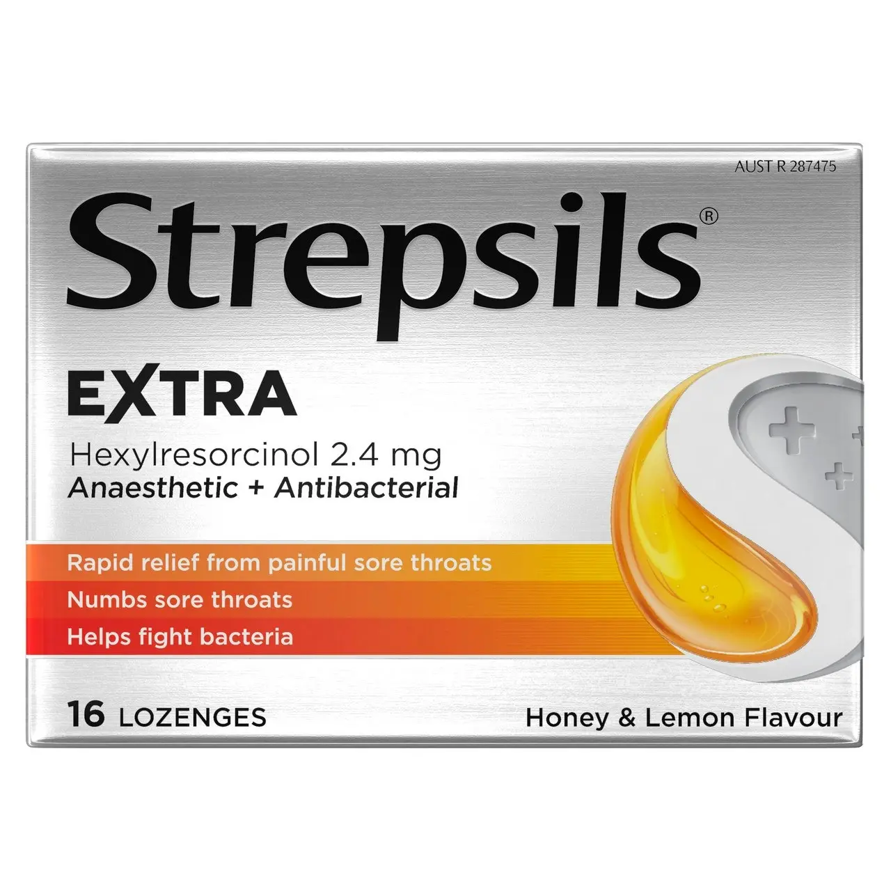 Strepsils Extra Honey and Lemon Fast Numbing Sore Throat Pain Relief with Anaesthetic Lozenges 16pk