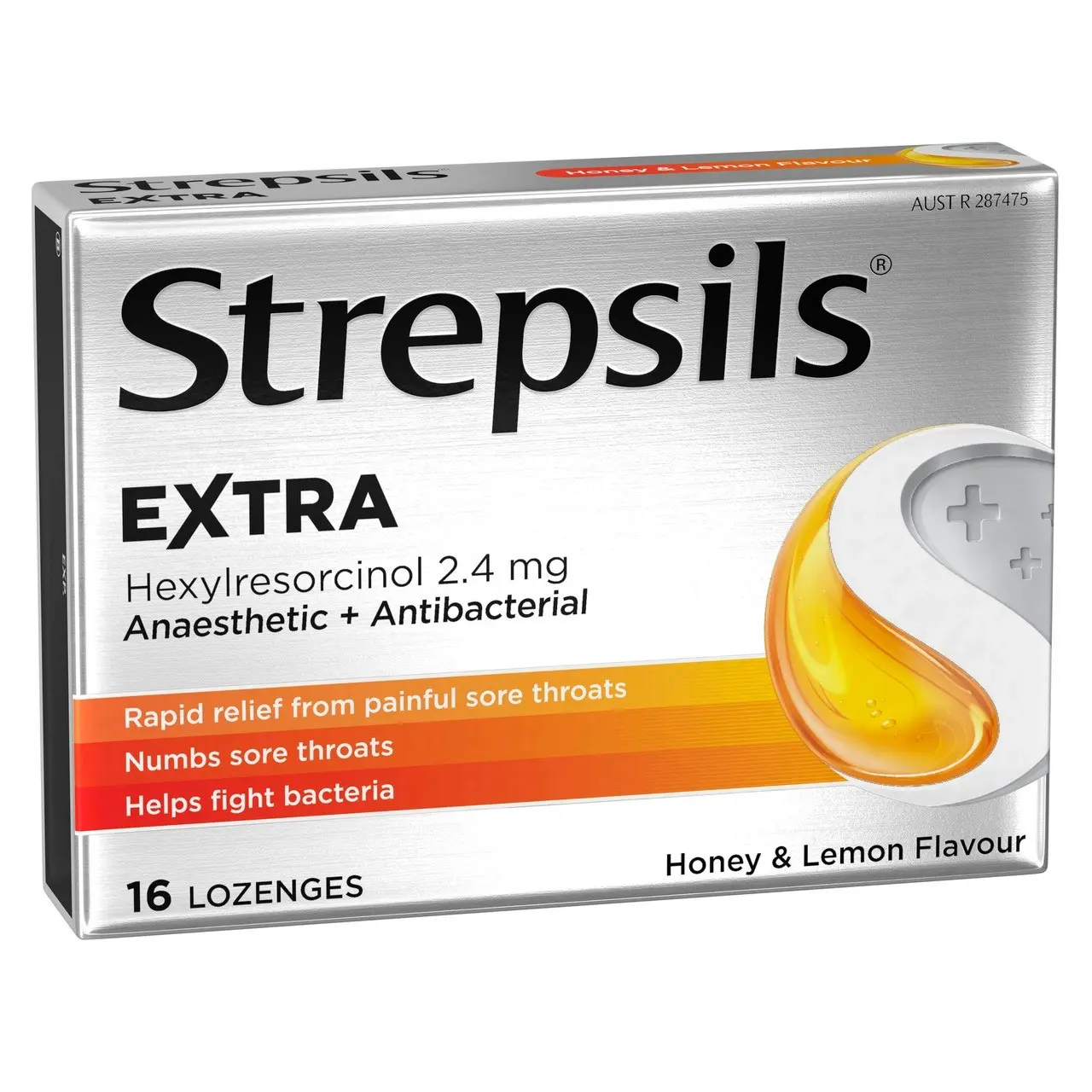 Strepsils Extra Honey and Lemon Fast Numbing Sore Throat Pain Relief with Anaesthetic Lozenges 16pk