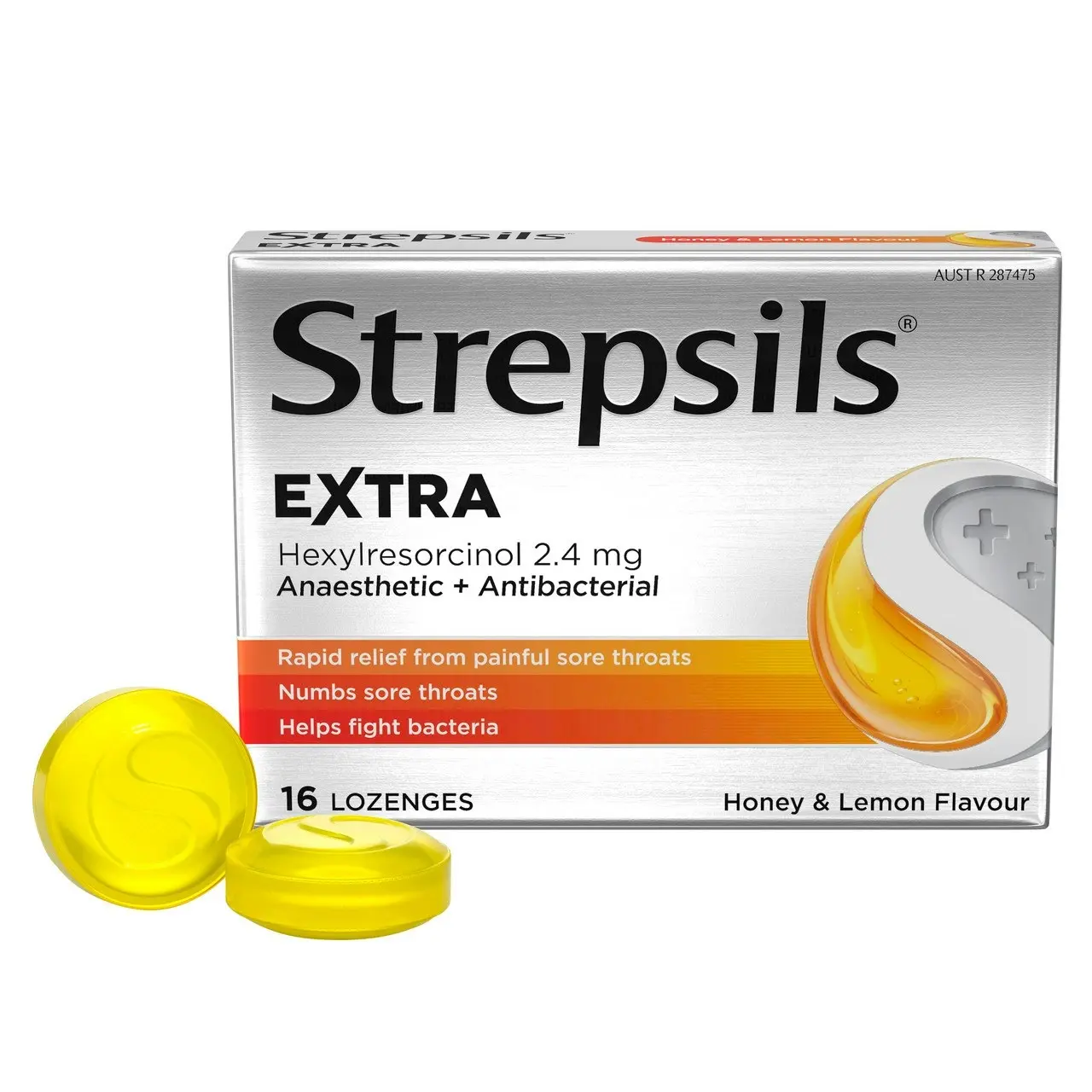 Strepsils Extra Honey and Lemon Fast Numbing Sore Throat Pain Relief with Anaesthetic Lozenges 16pk