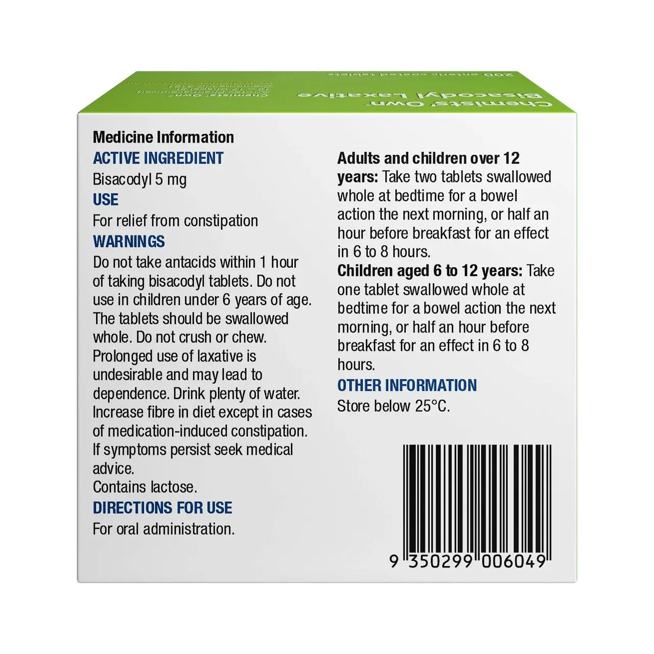 Chemists' Own Bisacodyl Laxative Tablets 200