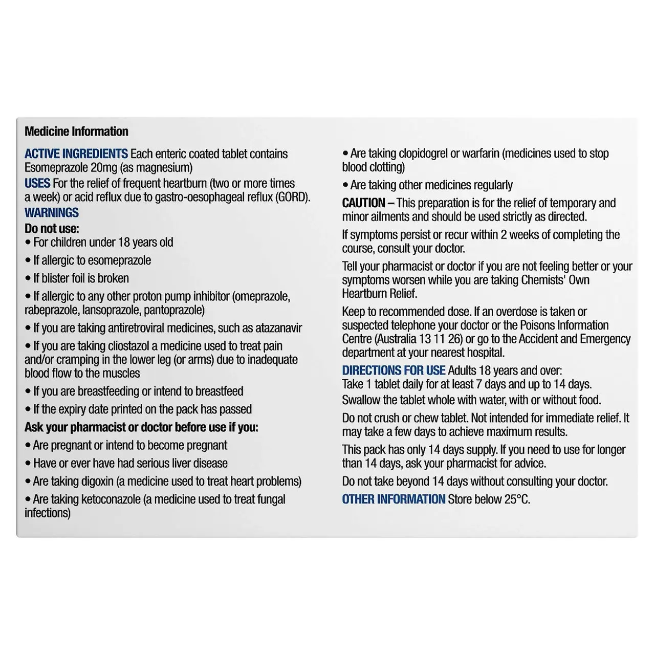 Chemists Own Heartburn Relief Esomeprazole Tablets 14