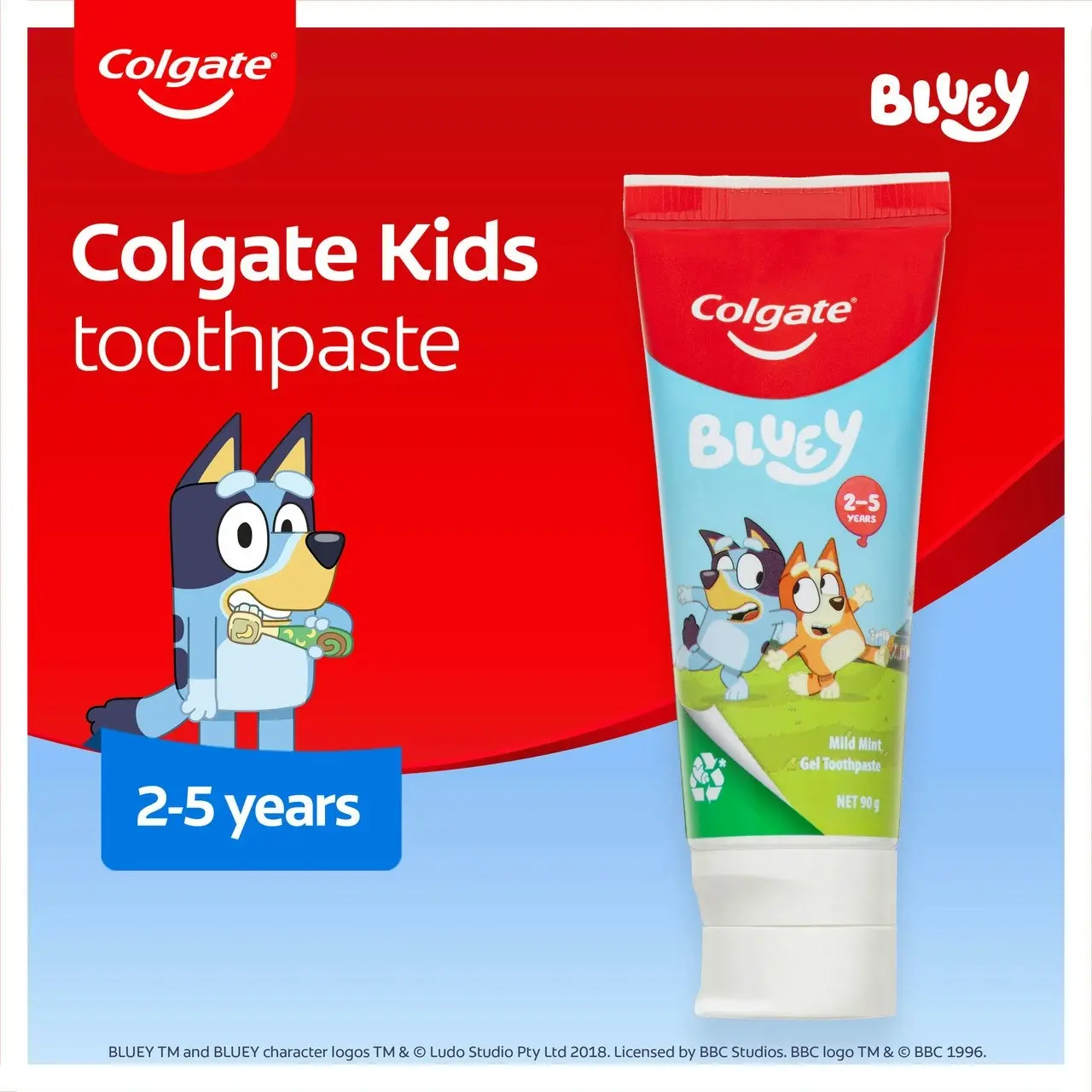 Colgate Kids Junior Bluey Toothpaste, 90g, Children 2 - 5 Years, Mild Mint Gel