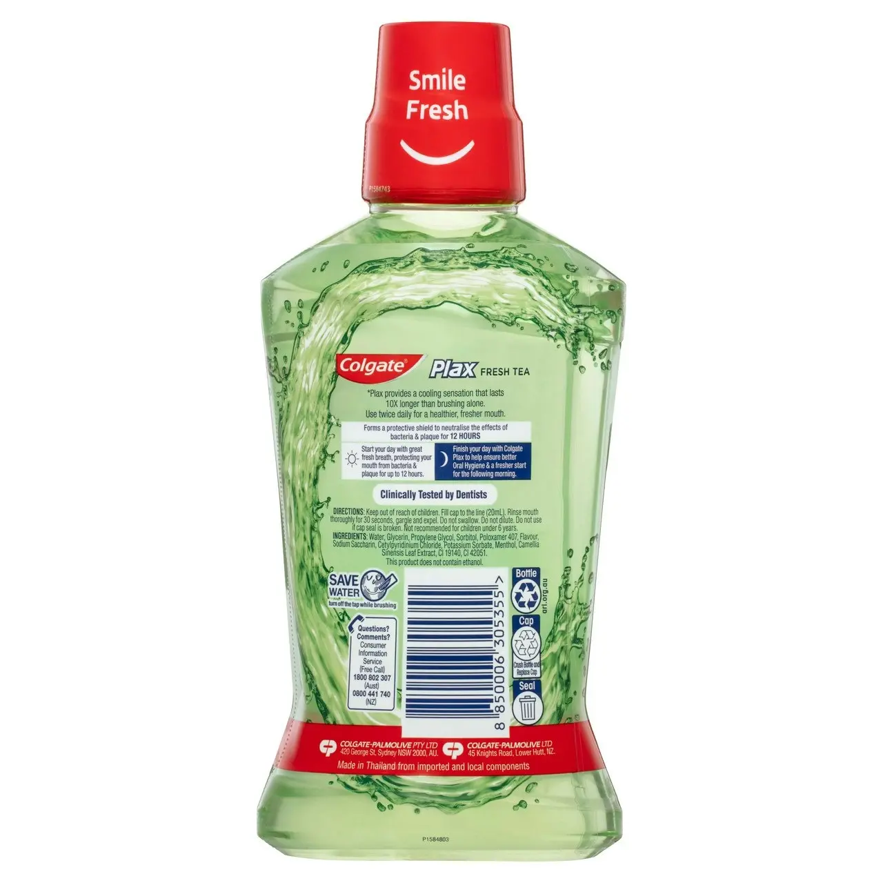 Colgate Plax Antibacterial Mouthwash, 500mL, Fresh Tea, Alcohol Free, Bad Breath Control