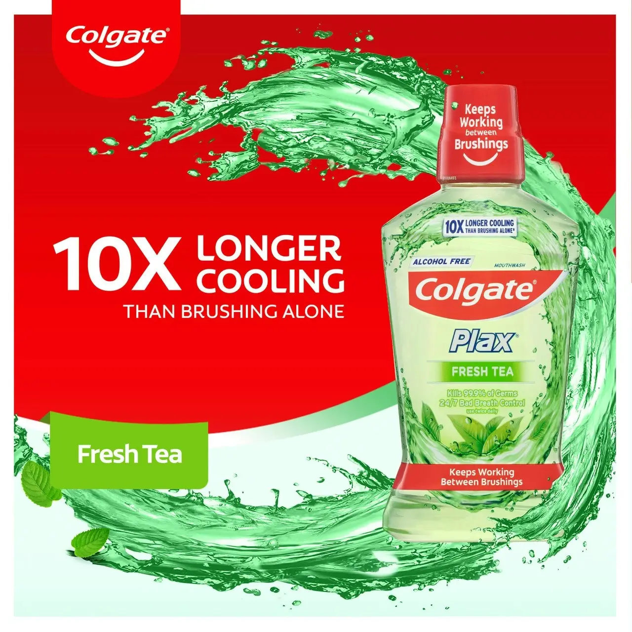 Colgate Plax Antibacterial Mouthwash, 500mL, Fresh Tea, Alcohol Free, Bad Breath Control