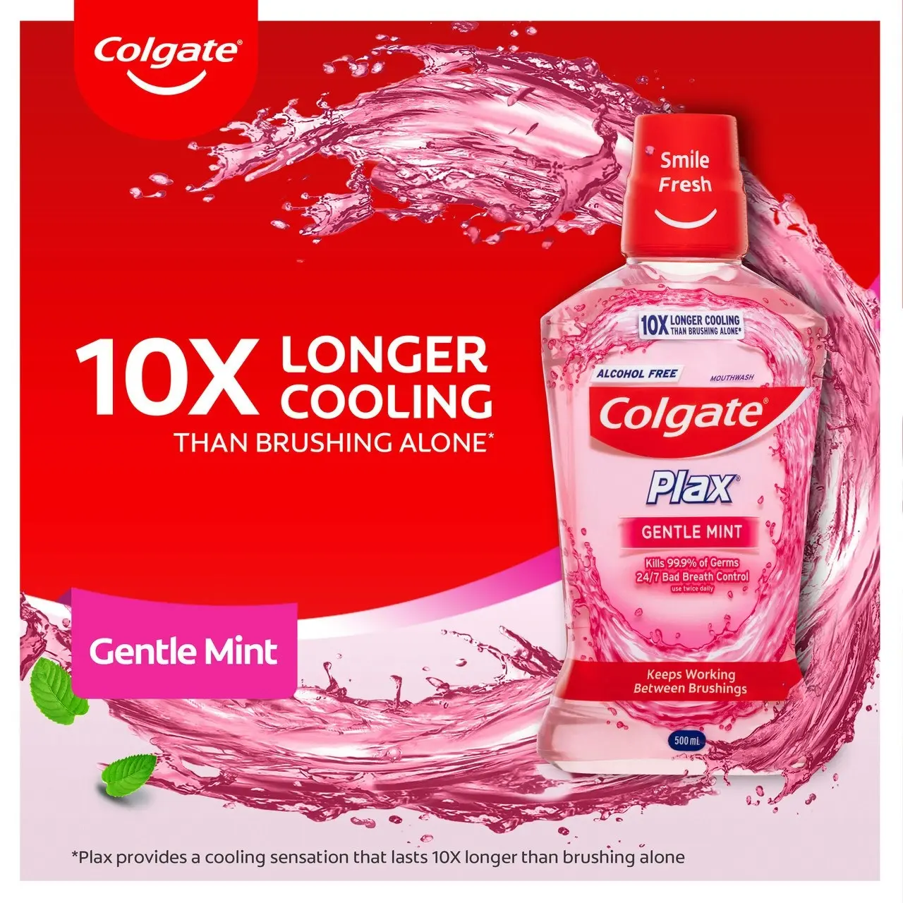 Colgate Plax Antibacterial Mouthwash 500mL, Gentle Mint, Alcohol Free, Bad Breath Control