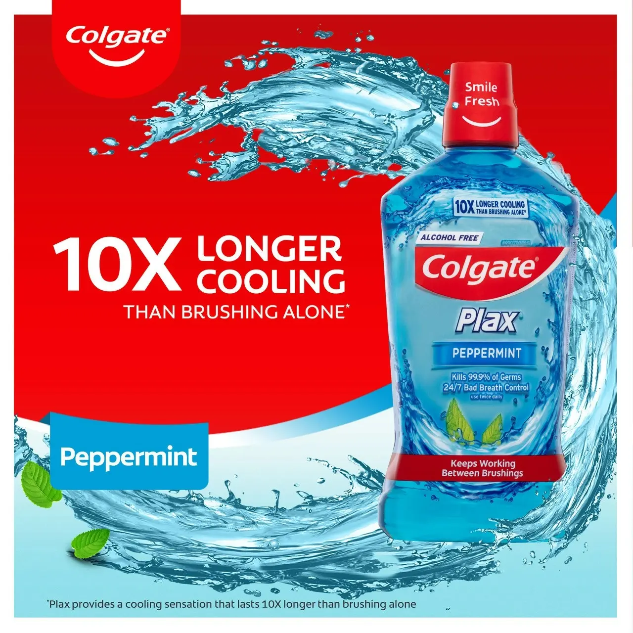 Colgate Plax Antibacterial Mouthwash 500mL, Peppermint, Alcohol Free, Bad Breath Control