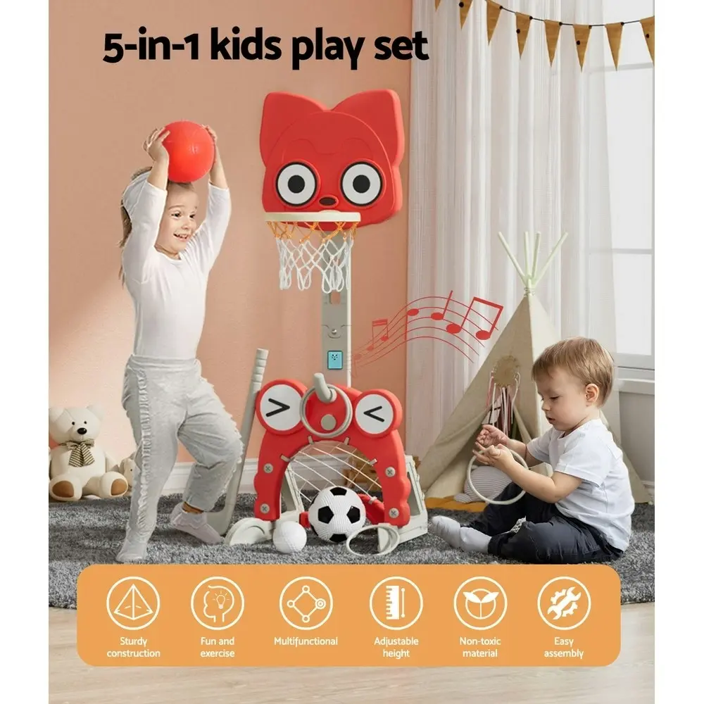 Keezi Kids Basketball Hoop Stand Adjustable 5-in-1 Sports Center Toys Set Red