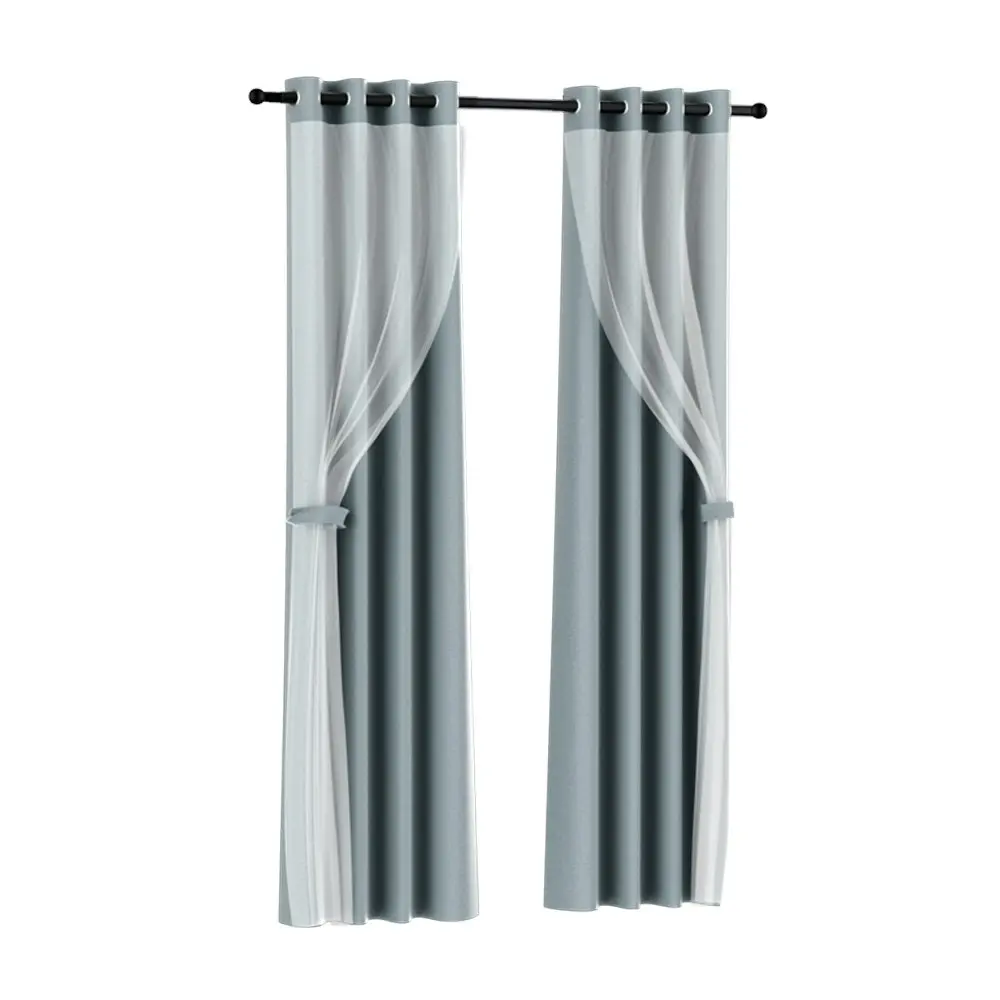 Artiss 2X 132x242cm Blockout Sheer Curtains Light Grey