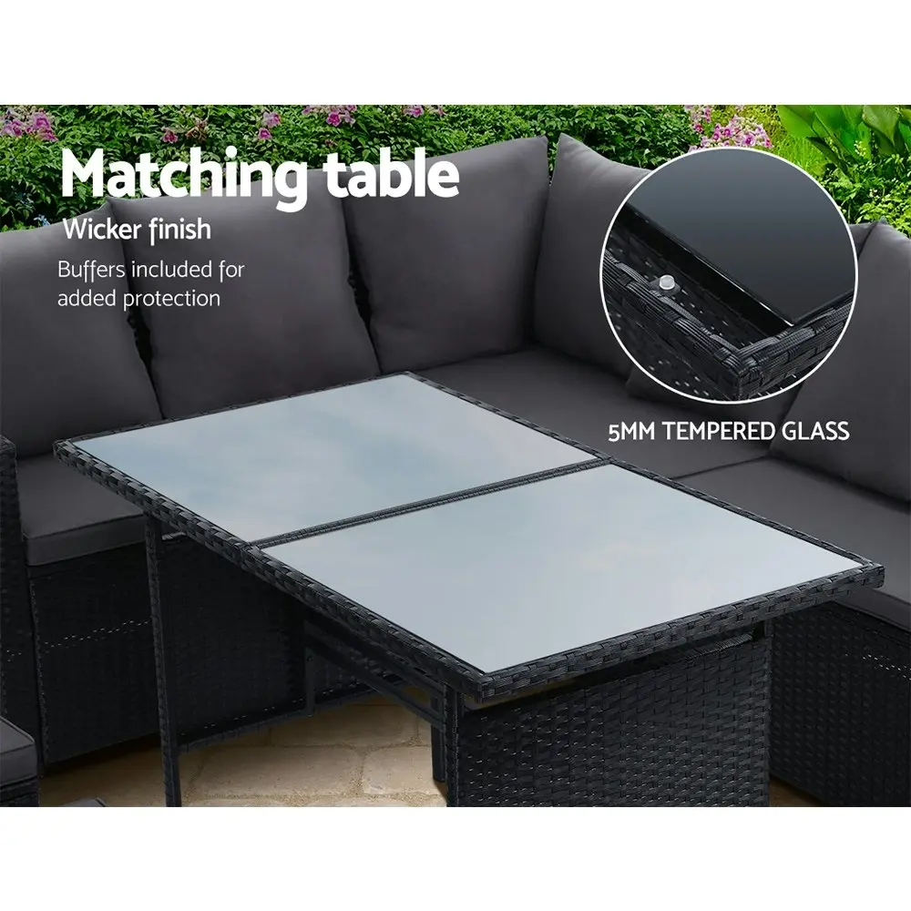 Gardeon Outdoor Dining Set Sofa Lounge Setting Chairs Table Ottoman Black Cover