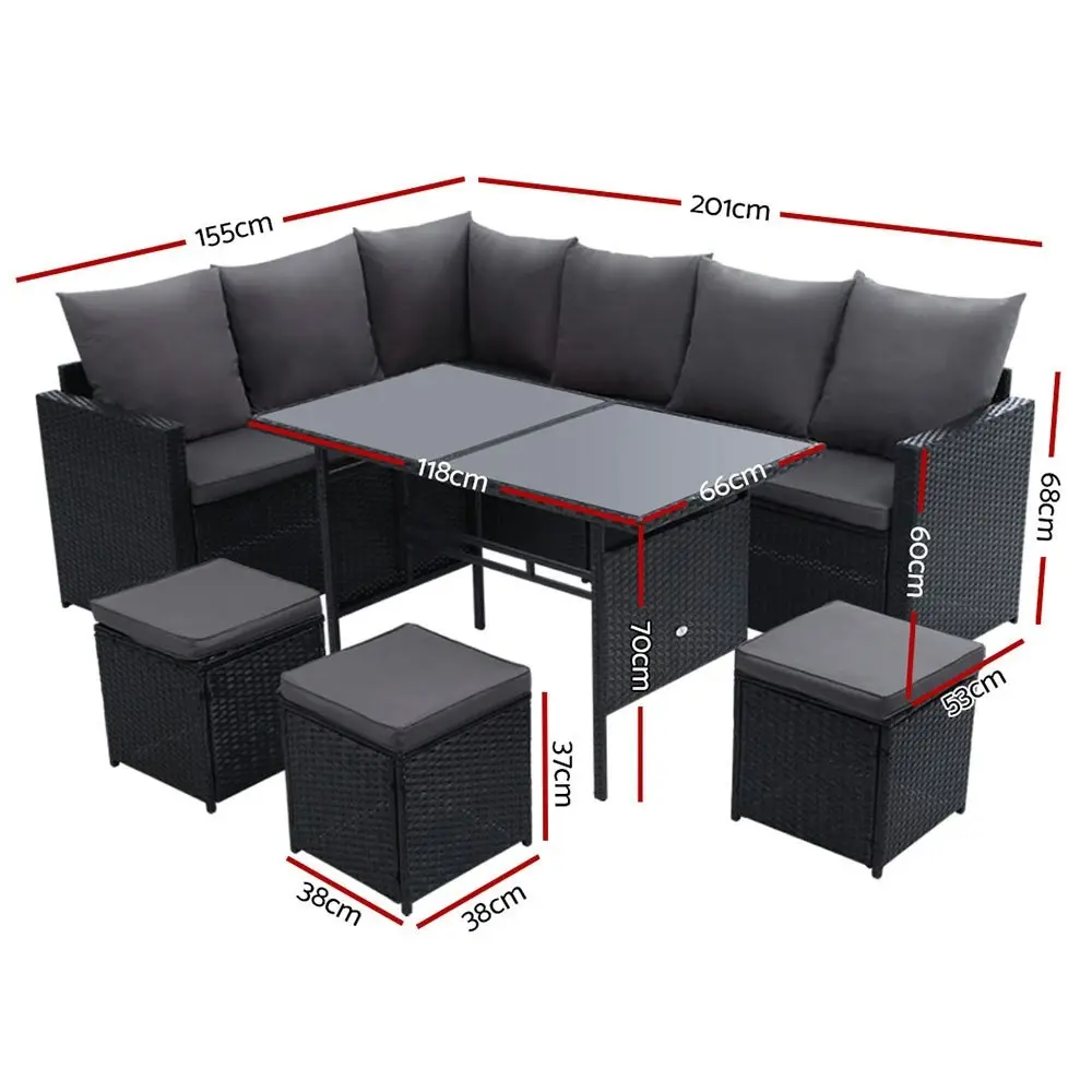 Gardeon Outdoor Dining Set Sofa Lounge Setting Chairs Table Ottoman Black Cover