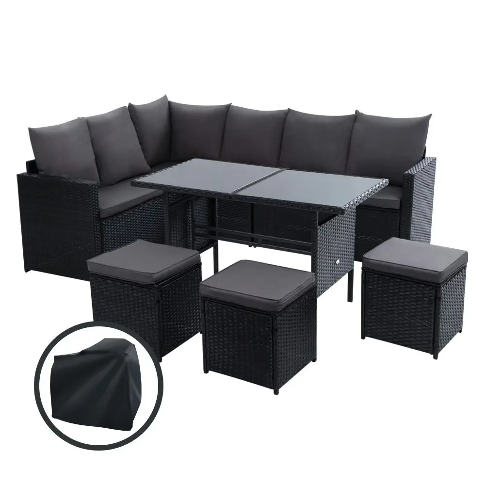 Gardeon Outdoor Dining Set Sofa Lounge Setting Chairs Table Ottoman Black Cover