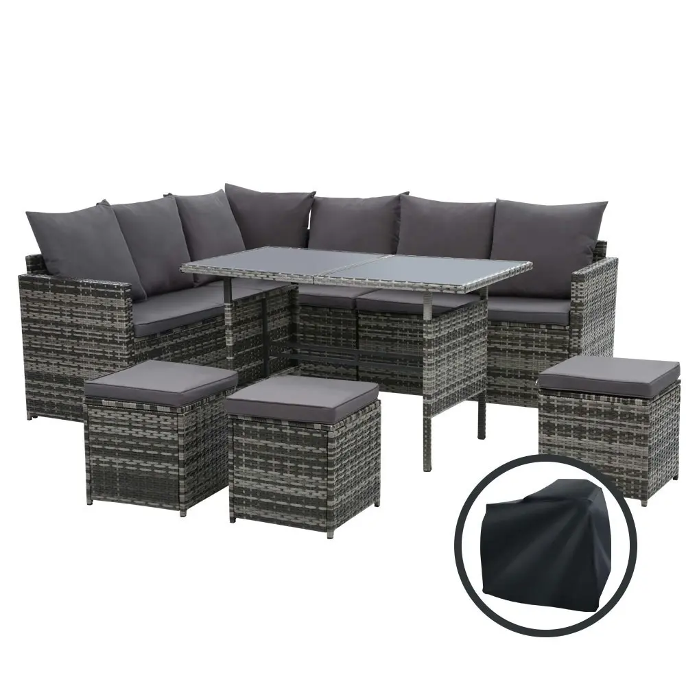 Gardeon Outdoor Dining Set Sofa Lounge Setting Chairs Table Ottoman Grey Cover