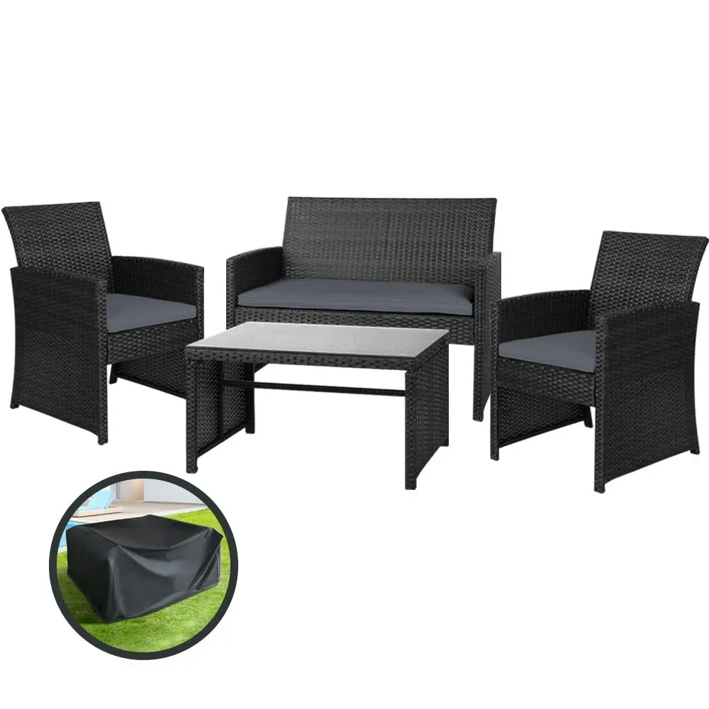 Gardeon 4 PCS Outdoor Sofa Set with Storage Cover Rattan Chair Furniture Black