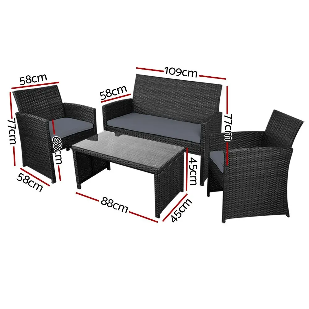 Gardeon 4 PCS Outdoor Sofa Set with Storage Cover Rattan Chair Furniture Black