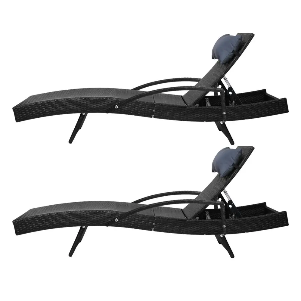 Gardeon 2x Sun Lounge Wicker Lounger Outdoor Furniture Beach Chair Armrest Adjustable Black