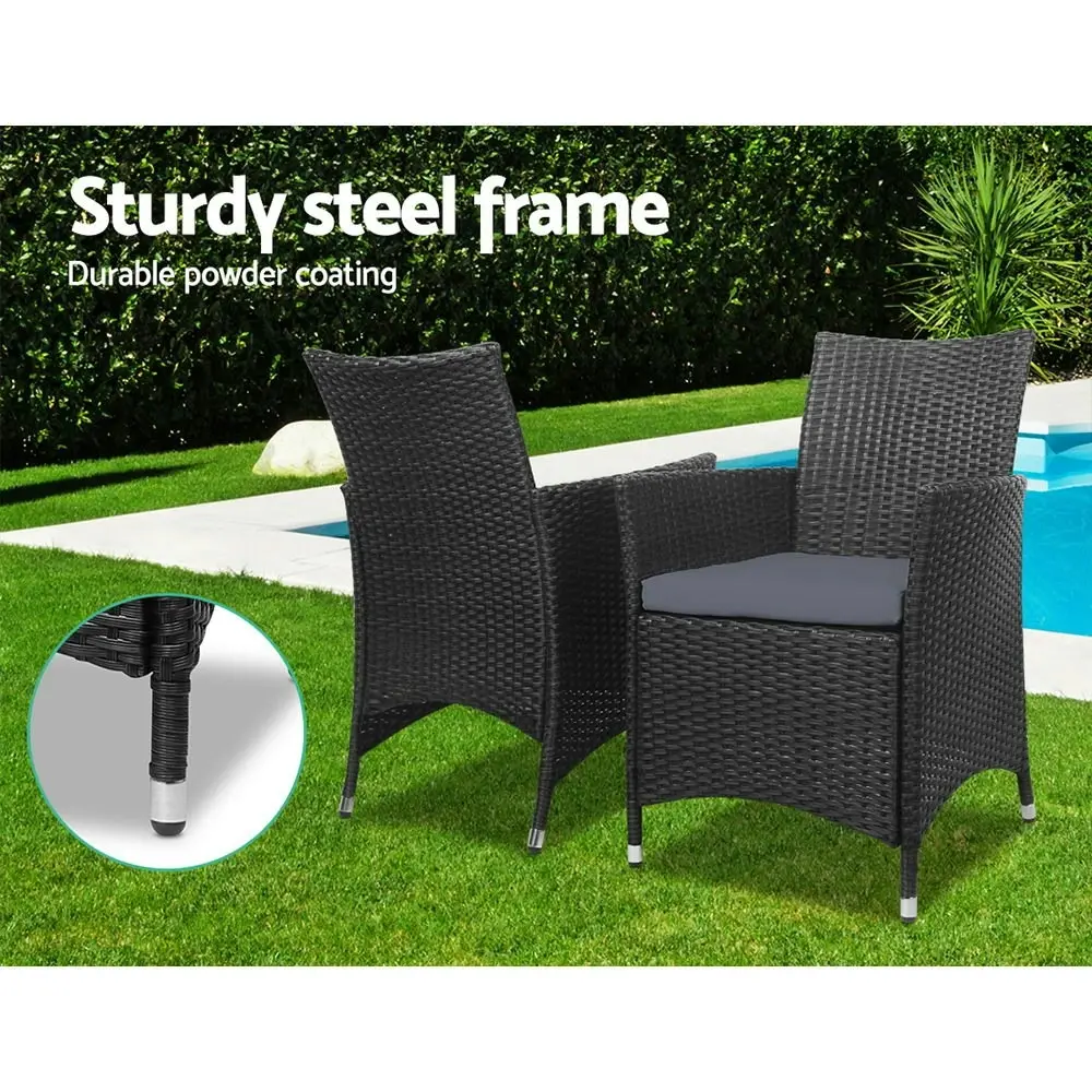 Gardeon 3PC Outdoor Bistro Set Patio Furniture Wicker Chairs Table Cushion All Black