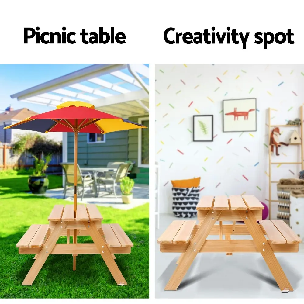 Keezi Kids Outdoor Table and Chairs Wooden Picnic Bench Set Umbrella